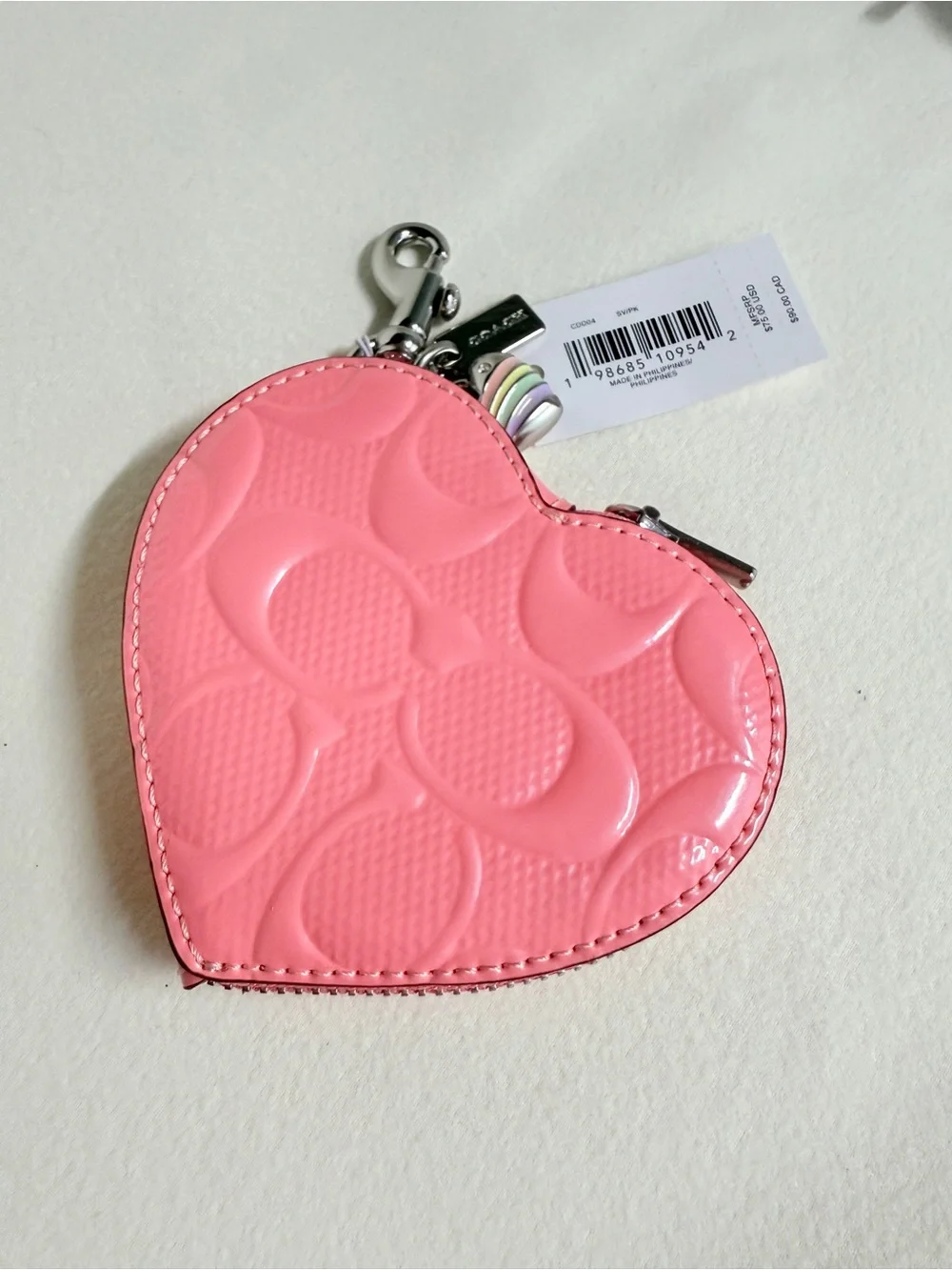 NWT Coach Heart Bag Charm With Patent Signature Leather CDD04